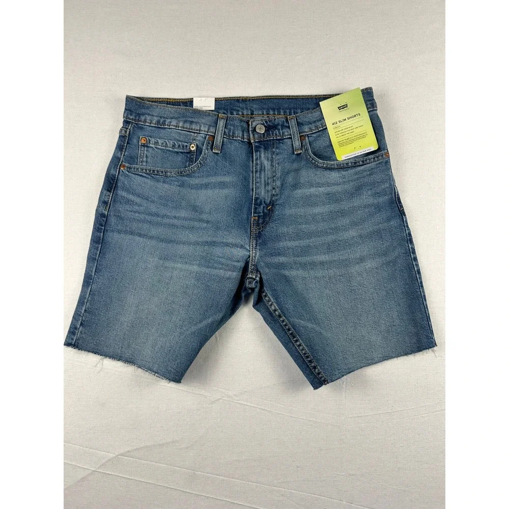 Levis 412 Slim Shorts Mens 34 Blue Denim Flex Stretch Cut Off Raw Hem 39387-0016